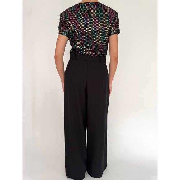 90s vintage black rainbow sequin dressy disco wide leg palazzo pant jumpsuit - Picture 6 of 10